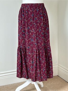 Floral Tiered Button-Front Maxi Skirt in Burgundy XL